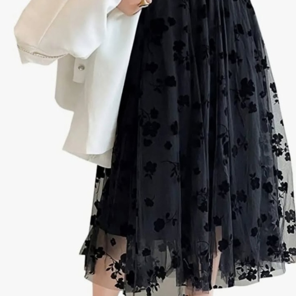 Black Midi A-Line Skirt with Pleated Embellishments